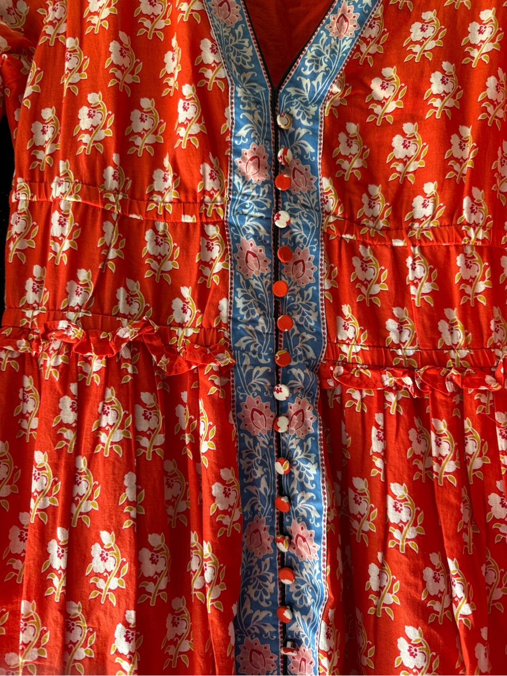 J. Crew Red Floral Long-Sleeve Maxi Dress with Blue Trim - Picture 2 of 5